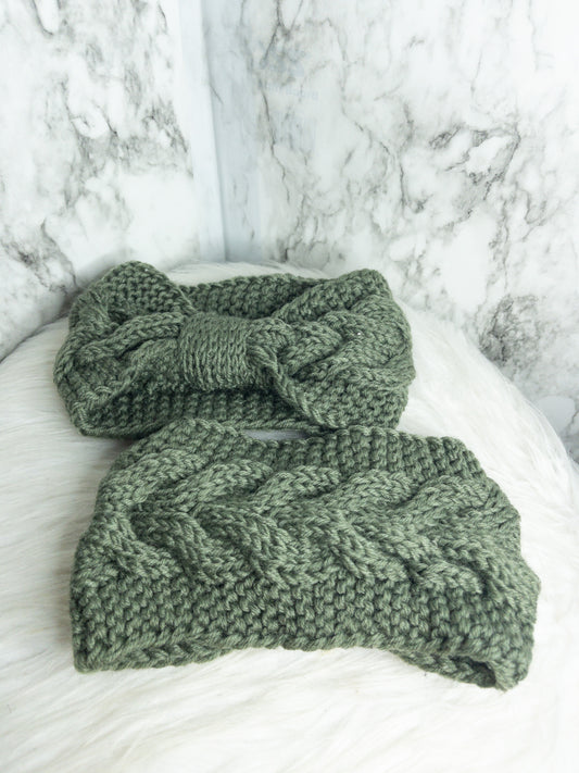 Knitted Crochet Headband (Olive green)