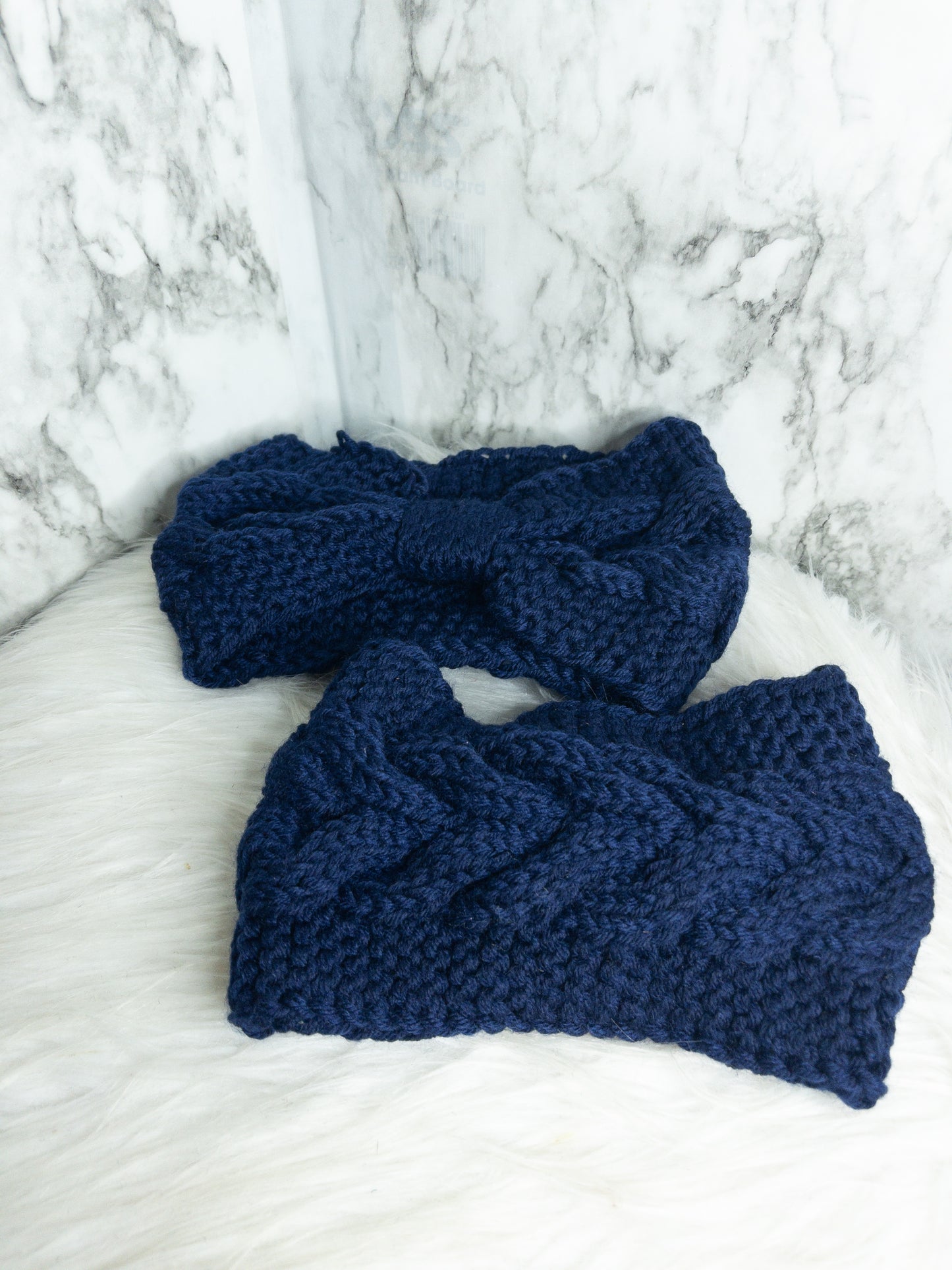 Knitted Crochet Headband (Navy)